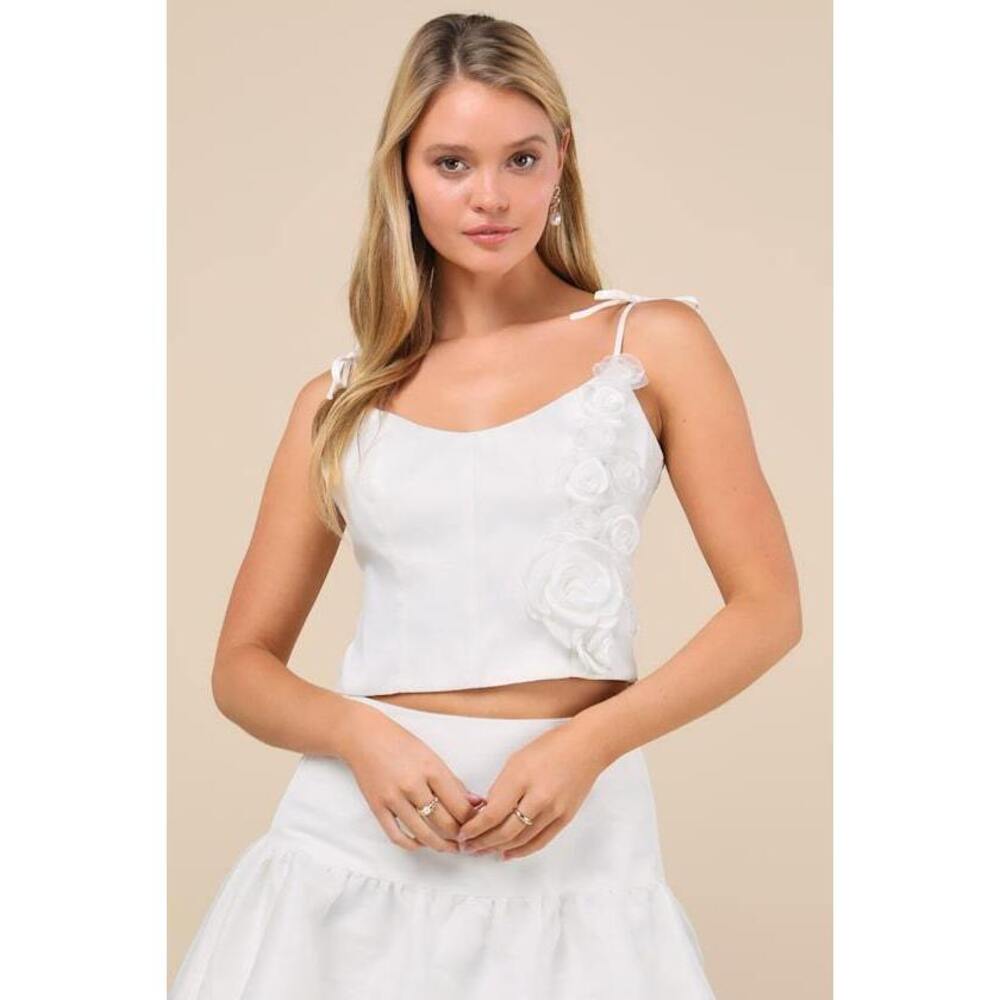 Lulus Angelic Perfection White Taffeta 3d Floral Applique Top - Size L